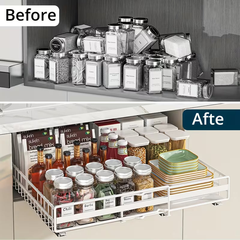Especiero extraíble sin taladrar - Estante deslizante ajustable para armarios de cocina (paquete de 2)