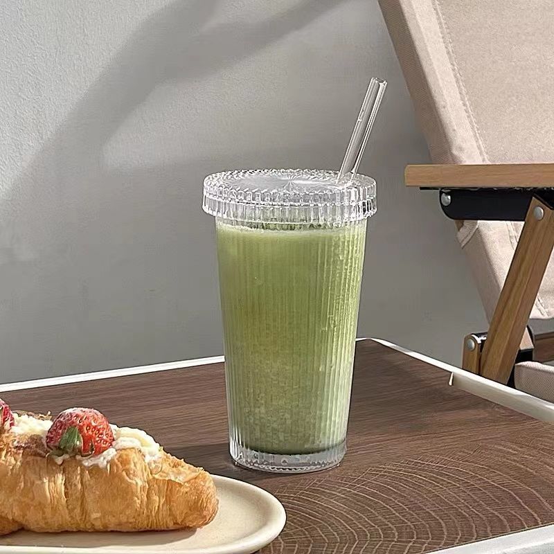 Simple Vertical Stripe Straw Cup With Lid Ins Wind High Beauty Water Cup Milk Coffee Cup Drink Cup Ice Coffee Cup
