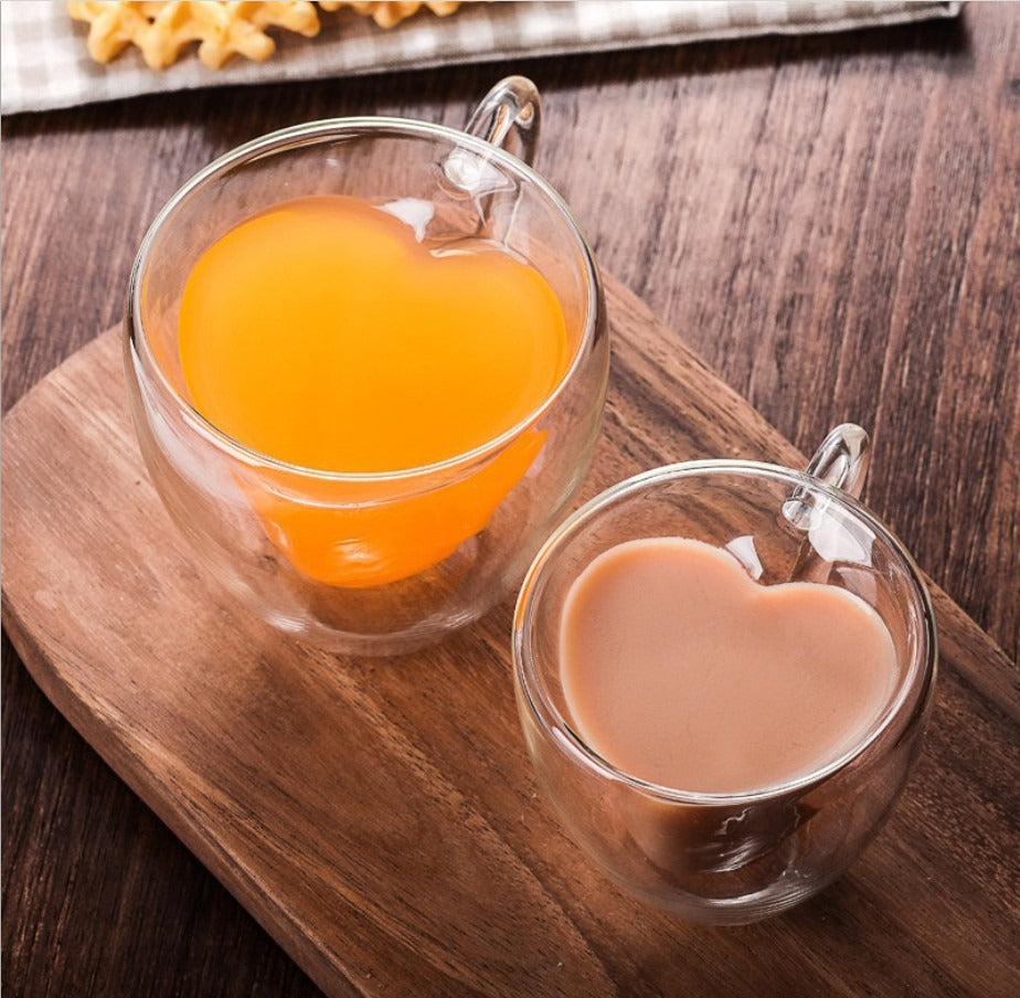 Taza de cristal de doble pared, vaso de agua de cristal transparente, taza de café creativa de cristal con forma de corazón, vaso de agua de borosilicato de alta calidad para el hogar
