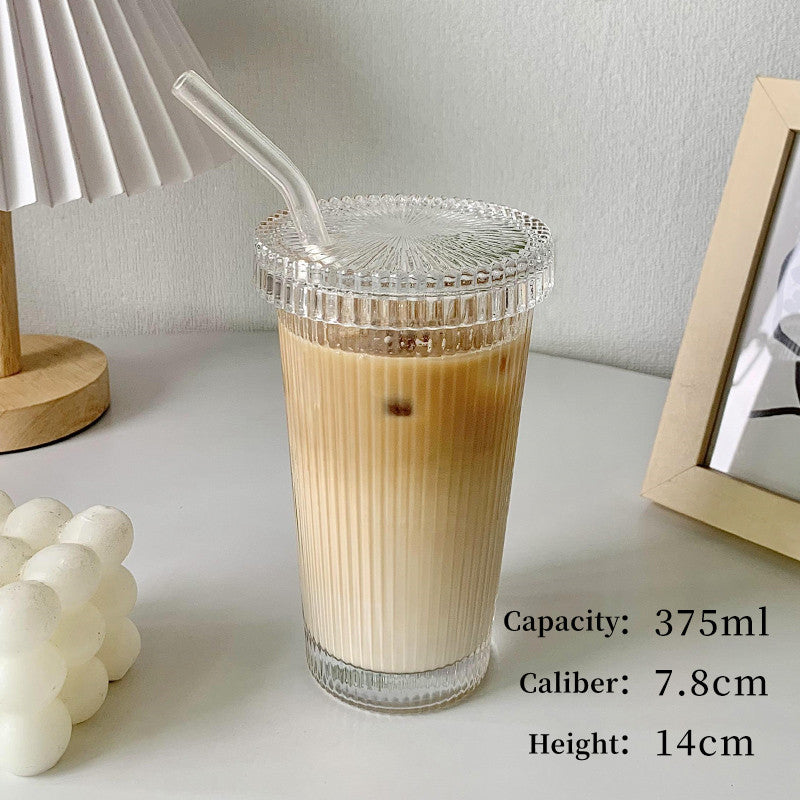 Simple Vertical Stripe Straw Cup With Lid Ins Wind High Beauty Water Cup Milk Coffee Cup Drink Cup Ice Coffee Cup