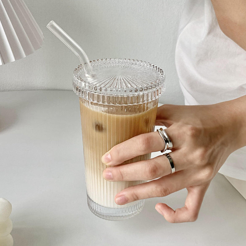 Simple Vertical Stripe Straw Cup With Lid Ins Wind High Beauty Water Cup Milk Coffee Cup Drink Cup Ice Coffee Cup