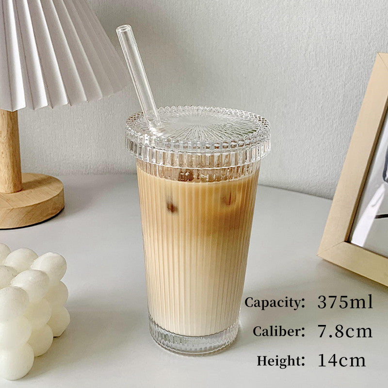 Simple Vertical Stripe Straw Cup With Lid Ins Wind High Beauty Water Cup Milk Coffee Cup Drink Cup Ice Coffee Cup