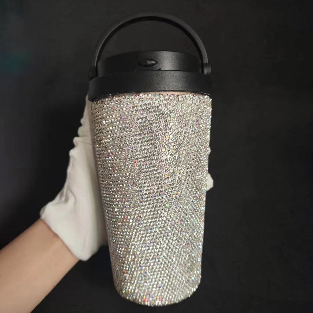 Taza de café de acero inoxidable al vacío con incrustaciones de diamantes, taza aislante con asa creativa, taza de vacío portátil para coche
