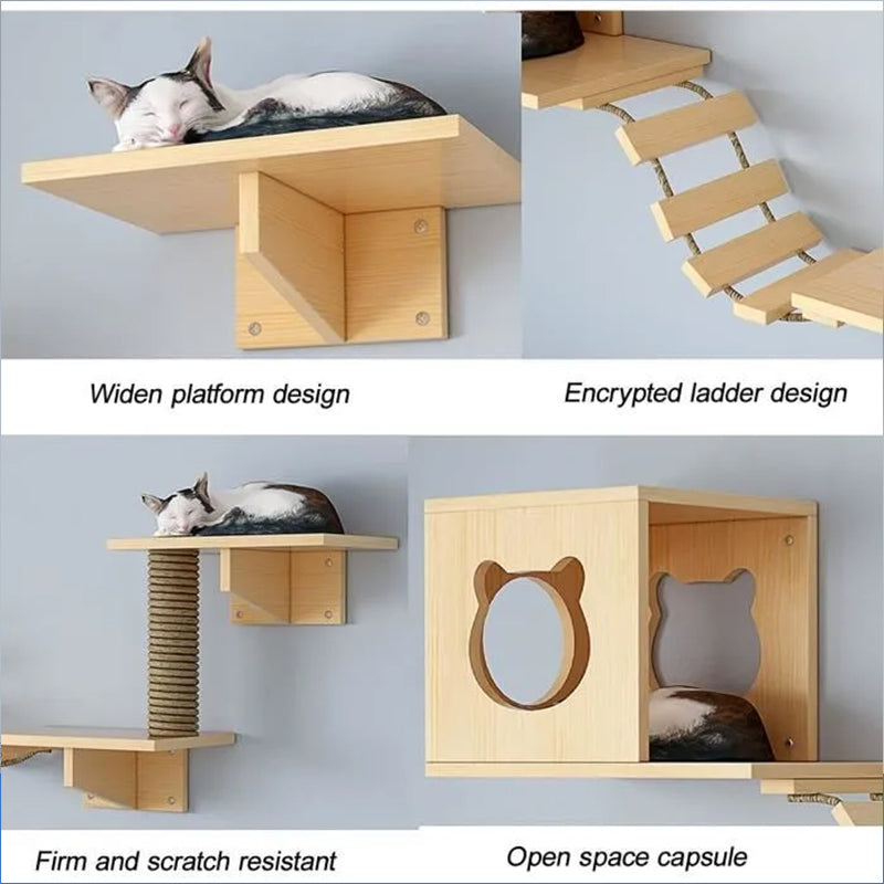 Set de hamaca de pared y poste rascador de sisal para gatos: estantes de actividad, árbol trepador y cama que ahorran espacio para gatos de interior