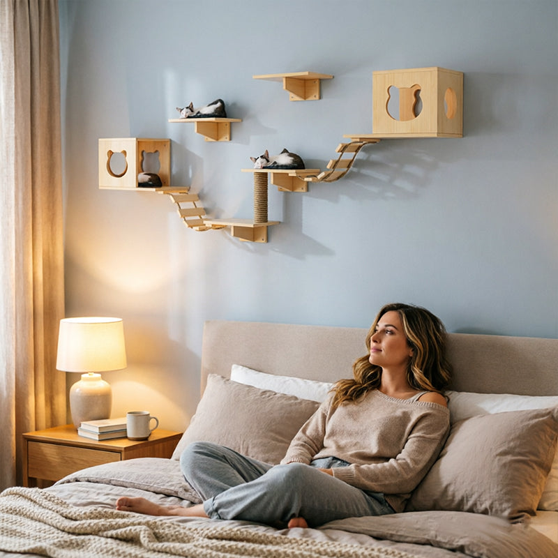 Set de hamaca de pared y poste rascador de sisal para gatos: estantes de actividad, árbol trepador y cama que ahorran espacio para gatos de interior