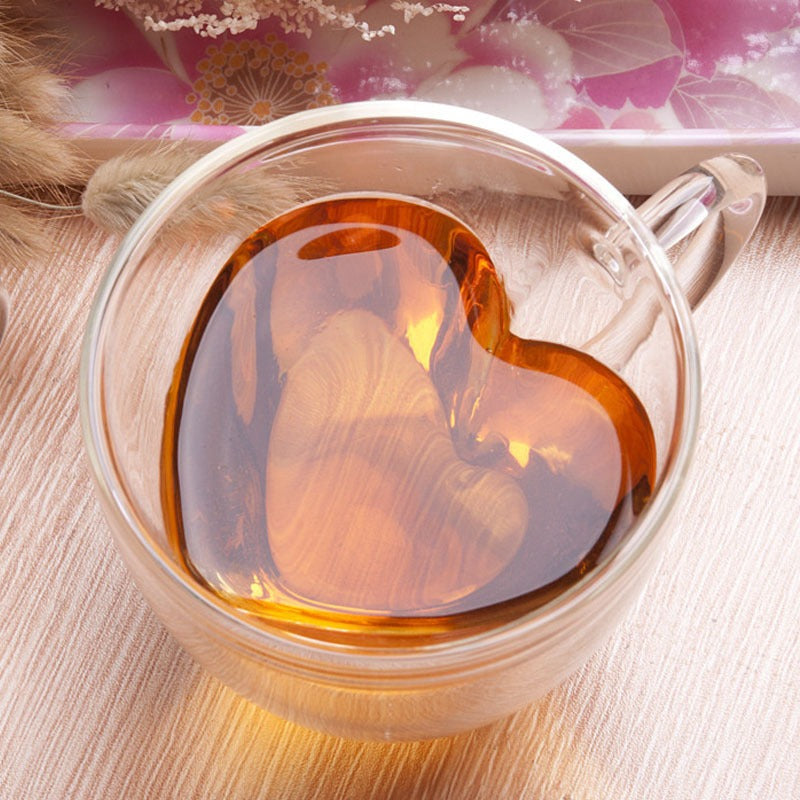 Taza de cristal de doble pared, vaso de agua de cristal transparente, taza de café creativa de cristal con forma de corazón, vaso de agua de borosilicato de alta calidad para el hogar