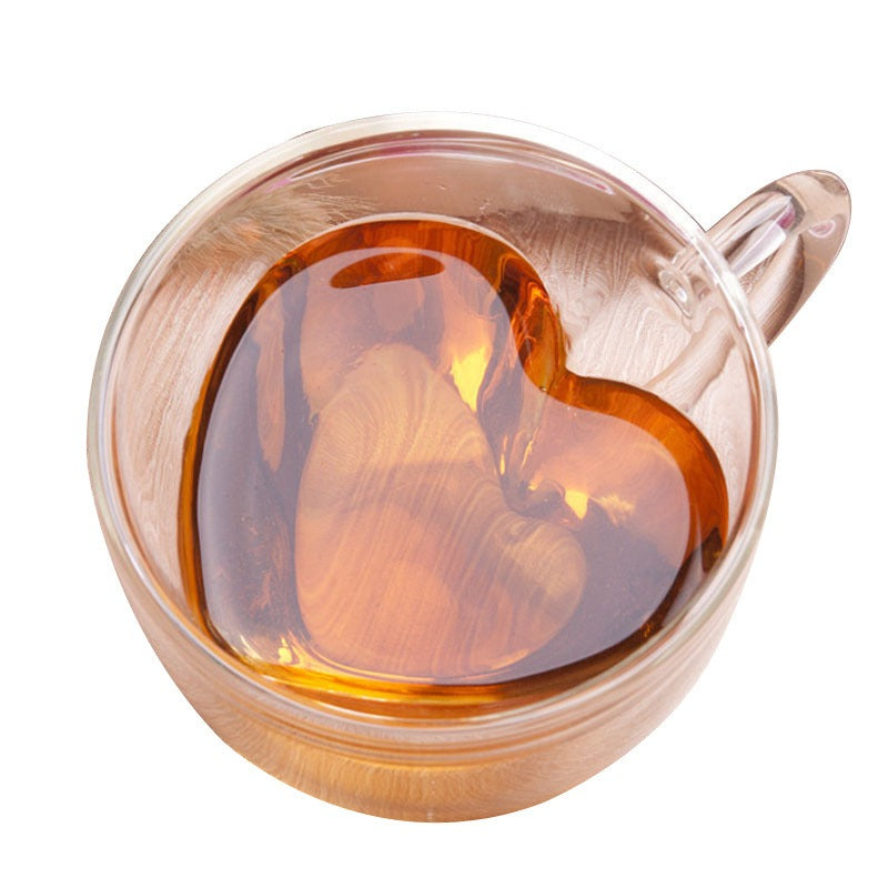 Taza de cristal de doble pared, vaso de agua de cristal transparente, taza de café creativa de cristal con forma de corazón, vaso de agua de borosilicato de alta calidad para el hogar