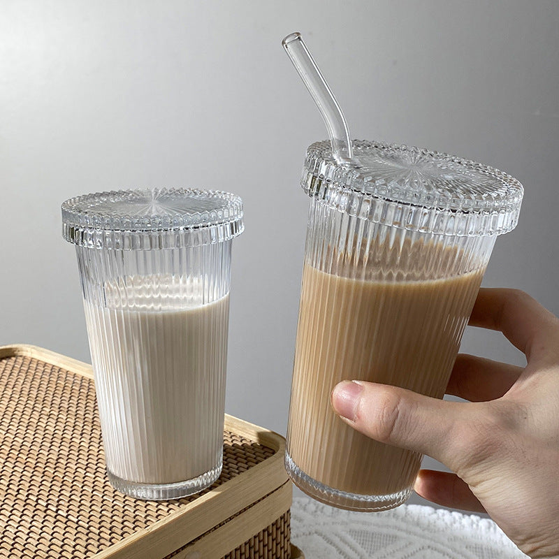 Simple Vertical Stripe Straw Cup With Lid Ins Wind High Beauty Water Cup Milk Coffee Cup Drink Cup Ice Coffee Cup