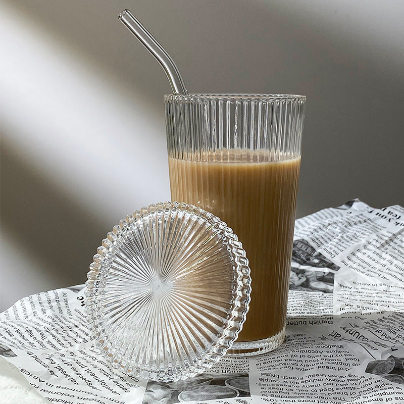 Simple Vertical Stripe Straw Cup With Lid Ins Wind High Beauty Water Cup Milk Coffee Cup Drink Cup Ice Coffee Cup