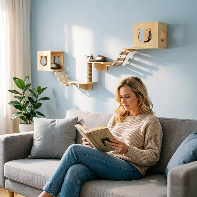 Set de hamaca de pared y poste rascador de sisal para gatos: estantes de actividad, árbol trepador y cama que ahorran espacio para gatos de interior