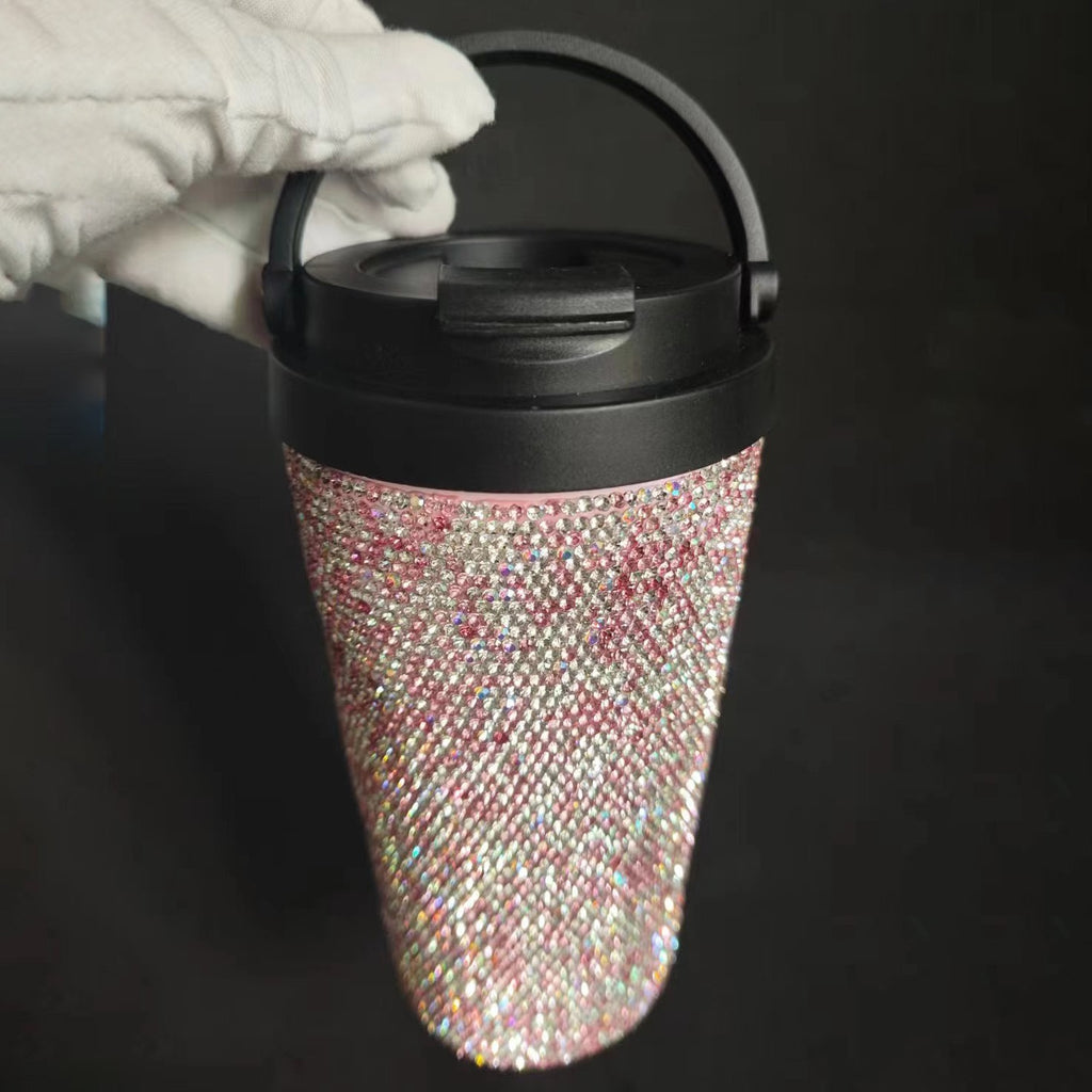 Taza de café de acero inoxidable al vacío con incrustaciones de diamantes, taza aislante con asa creativa, taza de vacío portátil para coche