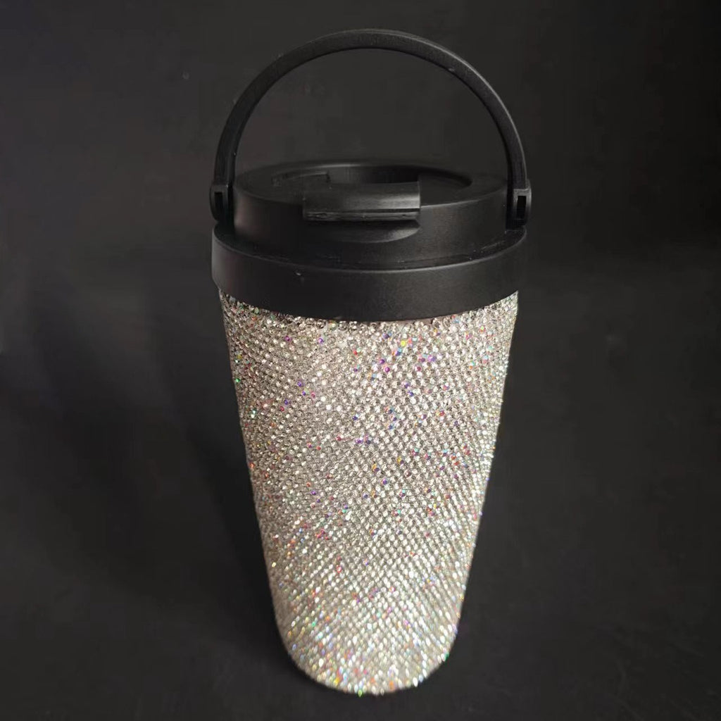 Taza de café de acero inoxidable al vacío con incrustaciones de diamantes, taza aislante con asa creativa, taza de vacío portátil para coche
