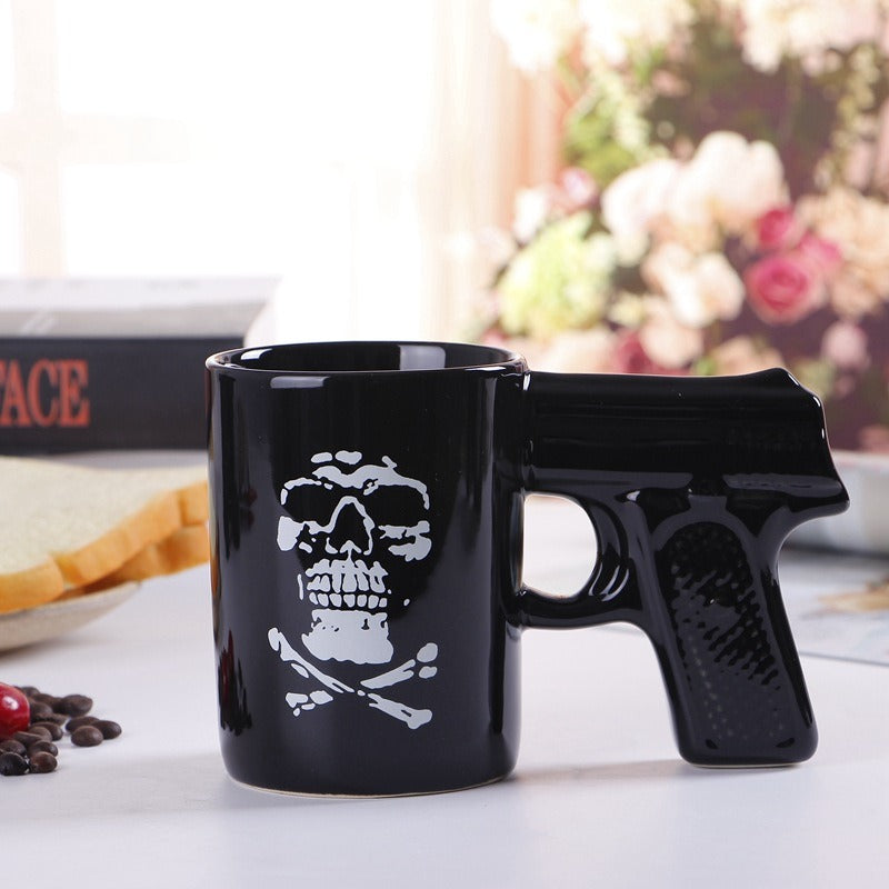 Taza de cerámica con forma de calavera creativa, vaso de agua con mango en forma de pistola, taza de café con modelado 3D
