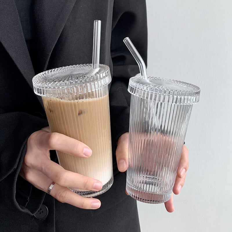 Simple Vertical Stripe Straw Cup With Lid Ins Wind High Beauty Water Cup Milk Coffee Cup Drink Cup Ice Coffee Cup