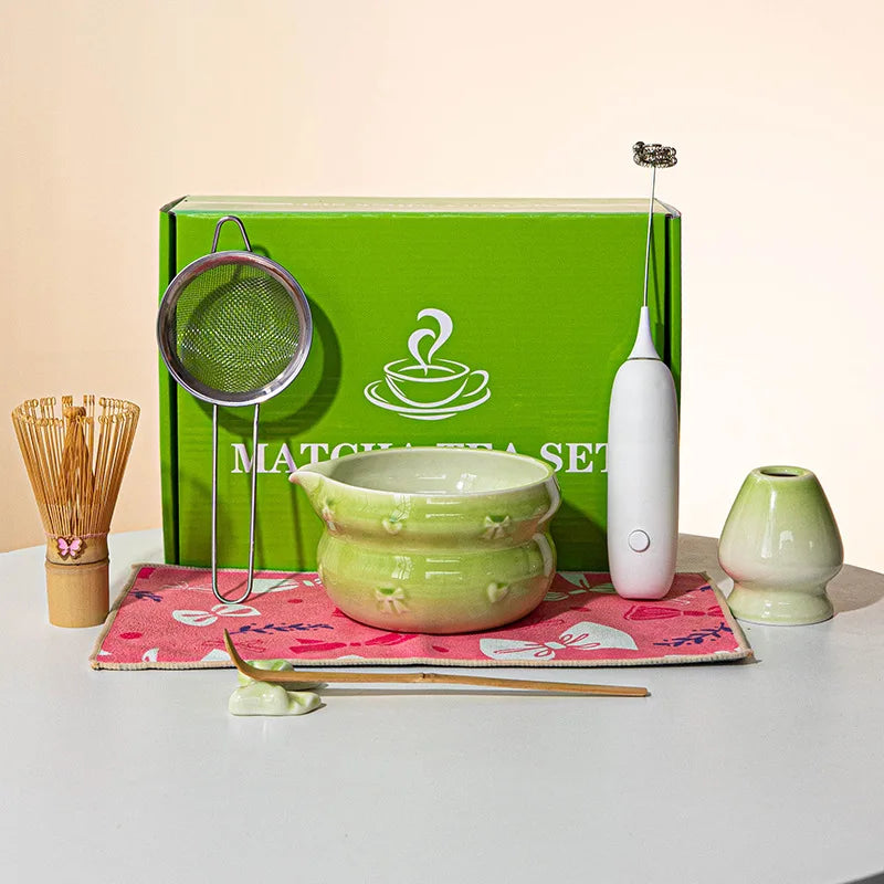 Japanisches Matcha-Tee-Set 8-teilig Keramikschale Bambusbesen Löffel Elektrische Bürste Komplettes Matcha-Starter-Kit für Teezeremonie