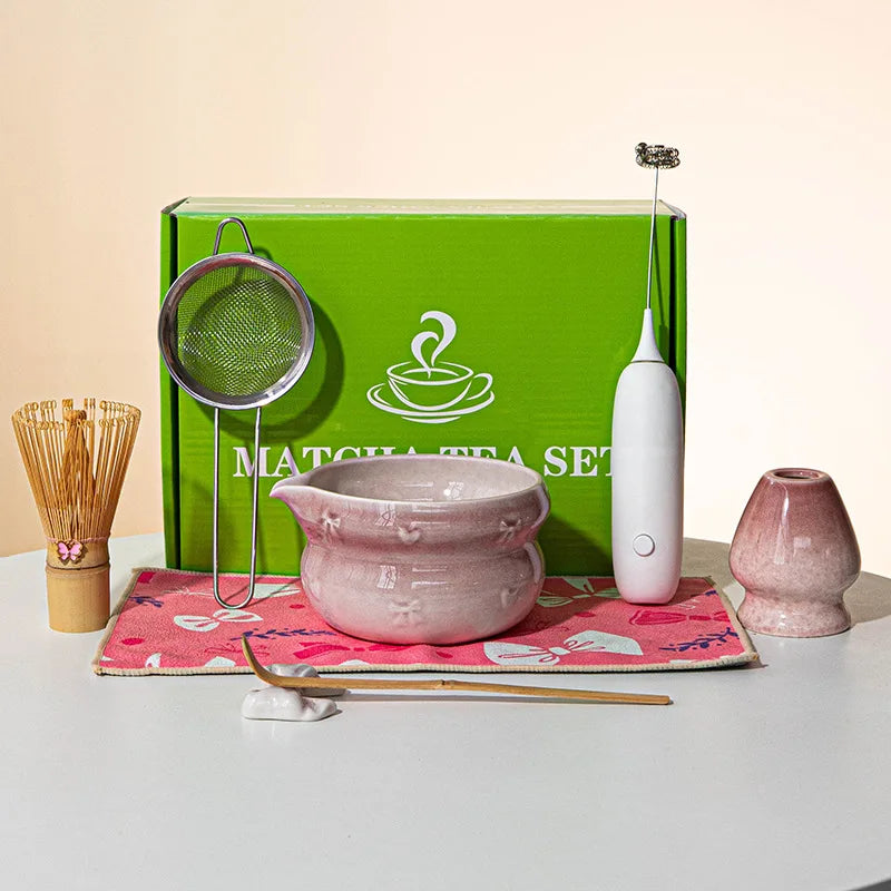 Japanisches Matcha-Tee-Set 8-teilig Keramikschale Bambusbesen Löffel Elektrische Bürste Komplettes Matcha-Starter-Kit für Teezeremonie