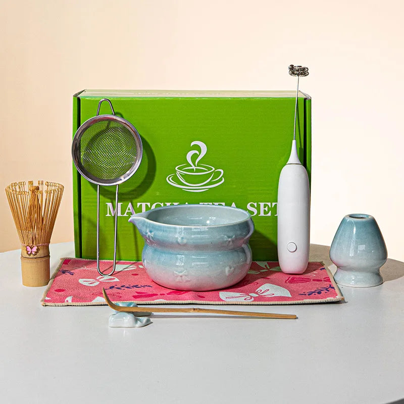 Japanisches Matcha-Tee-Set 8-teilig Keramikschale Bambusbesen Löffel Elektrische Bürste Komplettes Matcha-Starter-Kit für Teezeremonie