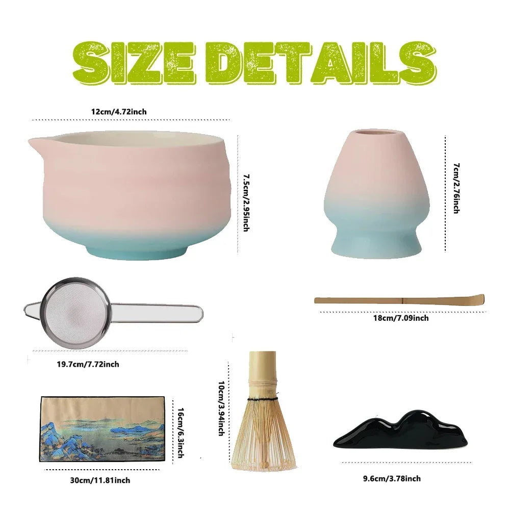 8-teiliges Matcha-Set in Farbverlauf Rosa, mit Bambusbesen und Keramikschale für Matcha-Liebhaber