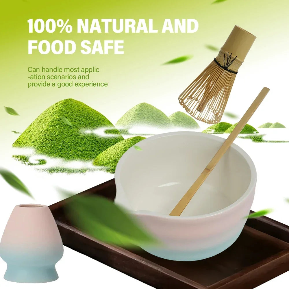8-teiliges Matcha-Set in Farbverlauf Rosa, mit Bambusbesen und Keramikschale für Matcha-Liebhaber