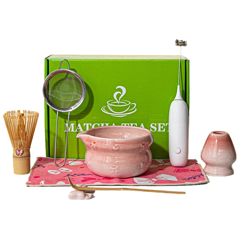 Japanisches Matcha-Tee-Set 8-teilig Keramikschale Bambusbesen Löffel Elektrische Bürste Komplettes Matcha-Starter-Kit für Teezeremonie
