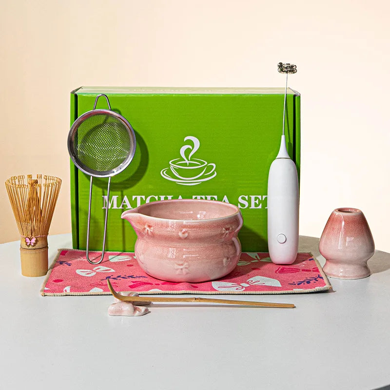 Japanisches Matcha-Tee-Set 8-teilig Keramikschale Bambusbesen Löffel Elektrische Bürste Komplettes Matcha-Starter-Kit für Teezeremonie