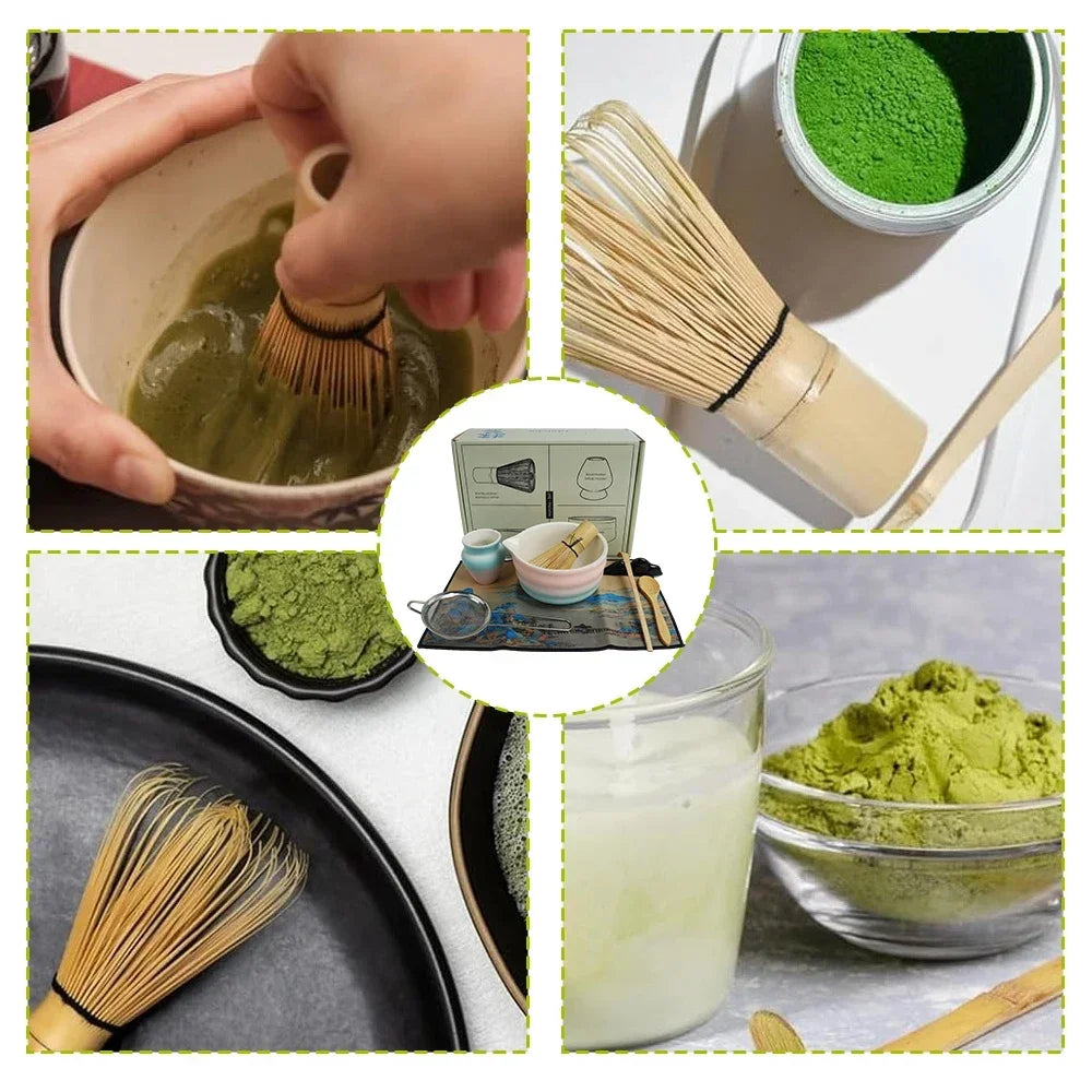 8-teiliges Matcha-Set in Farbverlauf Rosa, mit Bambusbesen und Keramikschale für Matcha-Liebhaber