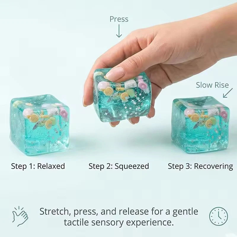 Quetschbare Ozeanmuschel-Würfel Stressbälle Quetschspielzeug Transparente Maltose-Würfel Fidget-Spielzeug für Erwachsene Sensorisches Stressabbau-Spielzeug