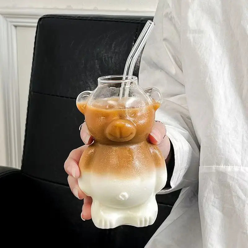 320 ml süße bärenförmige Kaffeetasse, Cartoon-Bär, GlassCup mit Strohhalm, transparente Tasse, Geburtstag, Weihnachten, Geschenk für Frauen, Kinder, Freunde