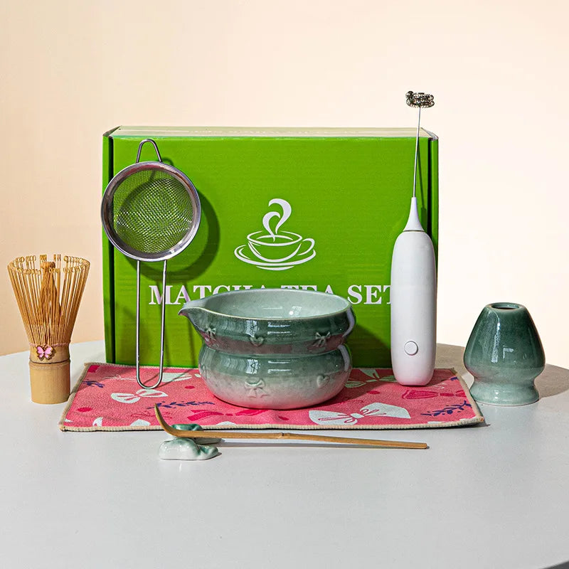 Japanisches Matcha-Tee-Set 8-teilig Keramikschale Bambusbesen Löffel Elektrische Bürste Komplettes Matcha-Starter-Kit für Teezeremonie