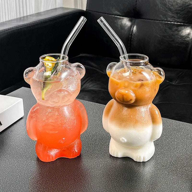 320 ml süße bärenförmige Kaffeetasse, Cartoon-Bär, GlassCup mit Strohhalm, transparente Tasse, Geburtstag, Weihnachten, Geschenk für Frauen, Kinder, Freunde