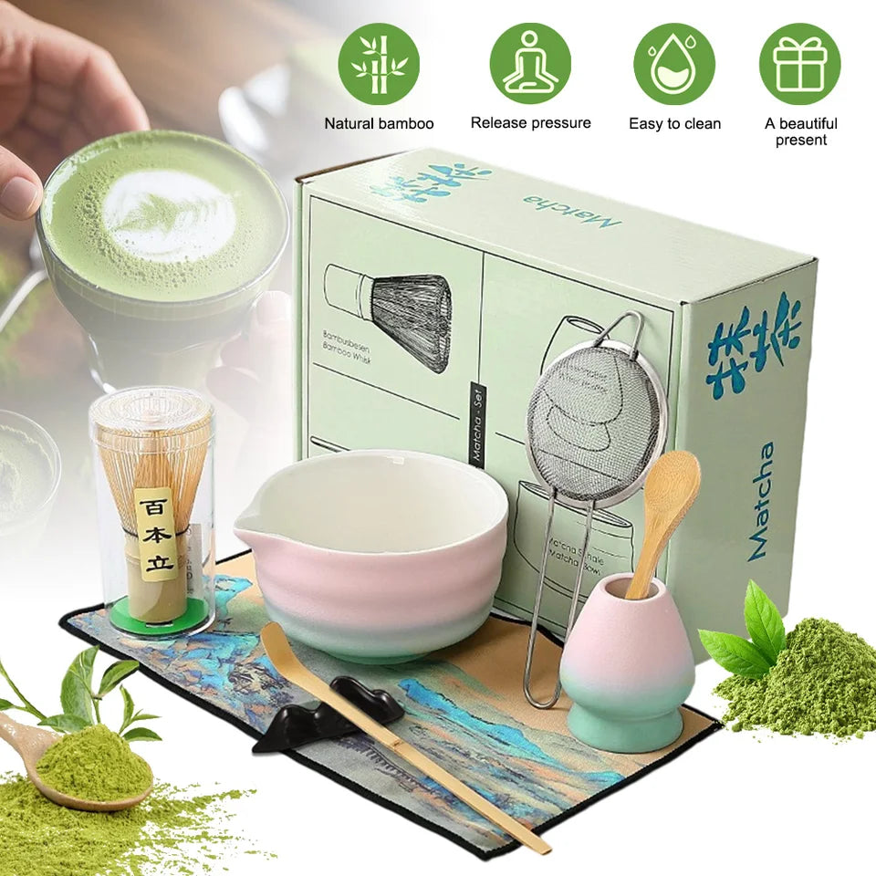 8-teiliges Matcha-Set in Farbverlauf Rosa, mit Bambusbesen und Keramikschale für Matcha-Liebhaber