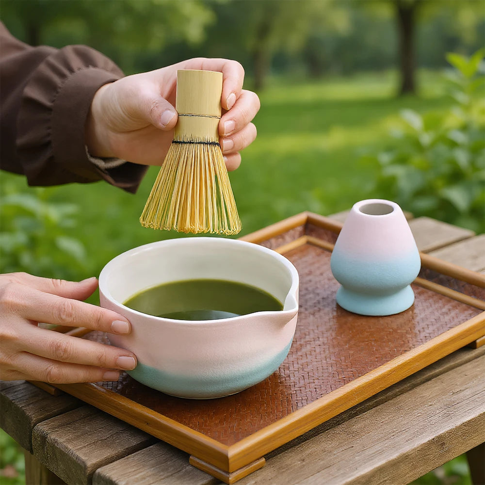 8-teiliges Matcha-Set in Farbverlauf Rosa, mit Bambusbesen und Keramikschale für Matcha-Liebhaber
