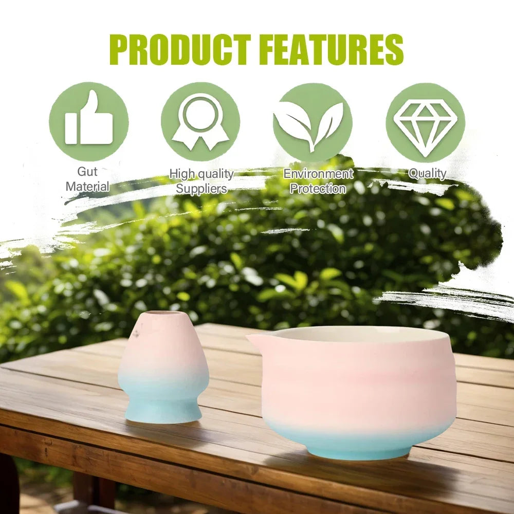 8-teiliges Matcha-Set in Farbverlauf Rosa, mit Bambusbesen und Keramikschale für Matcha-Liebhaber